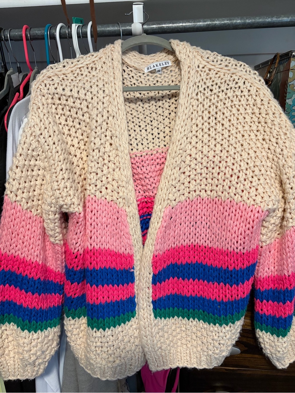 Blakeley Cream Open-Front Cardigan with Pink & Multicolor Stripes